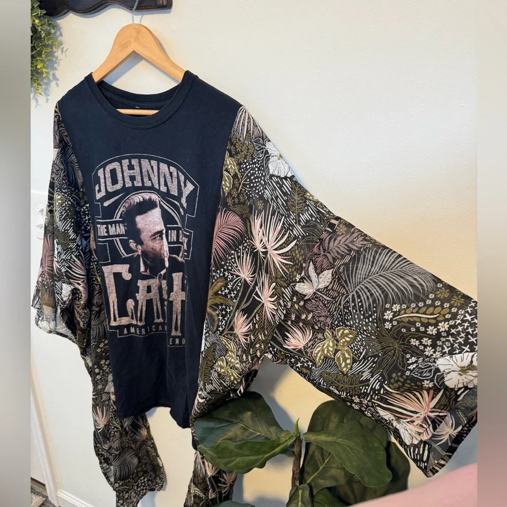 Custom Johnny Cash Graphic Tee with Floral Kimono Batwing Sleeves - Picture 3 of 4